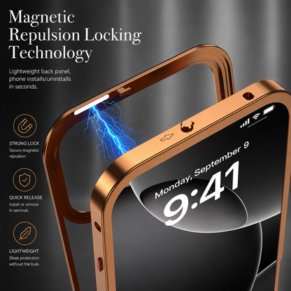 A close-up shows an orange frame separated from a front-facing phone, with blue lightning graphics at the top fastening. Text promotes magnetic locking and quick release.