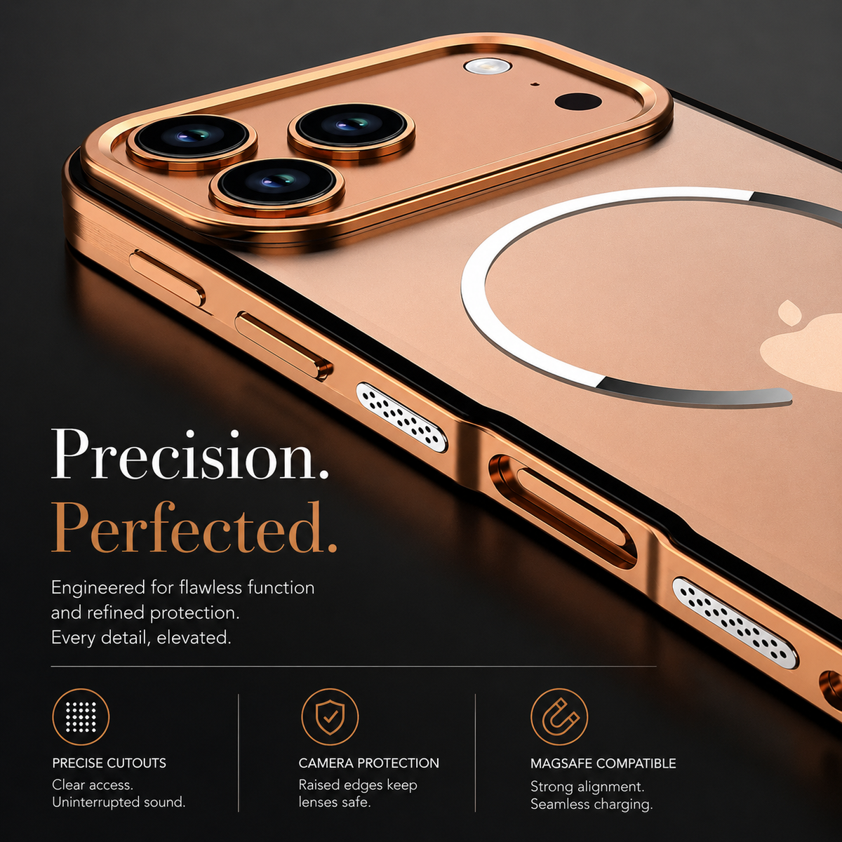 A close-up of an orange-framed phone shows its raised camera panel, separate side buttons and small patterned side openings beneath the magnetic ring.