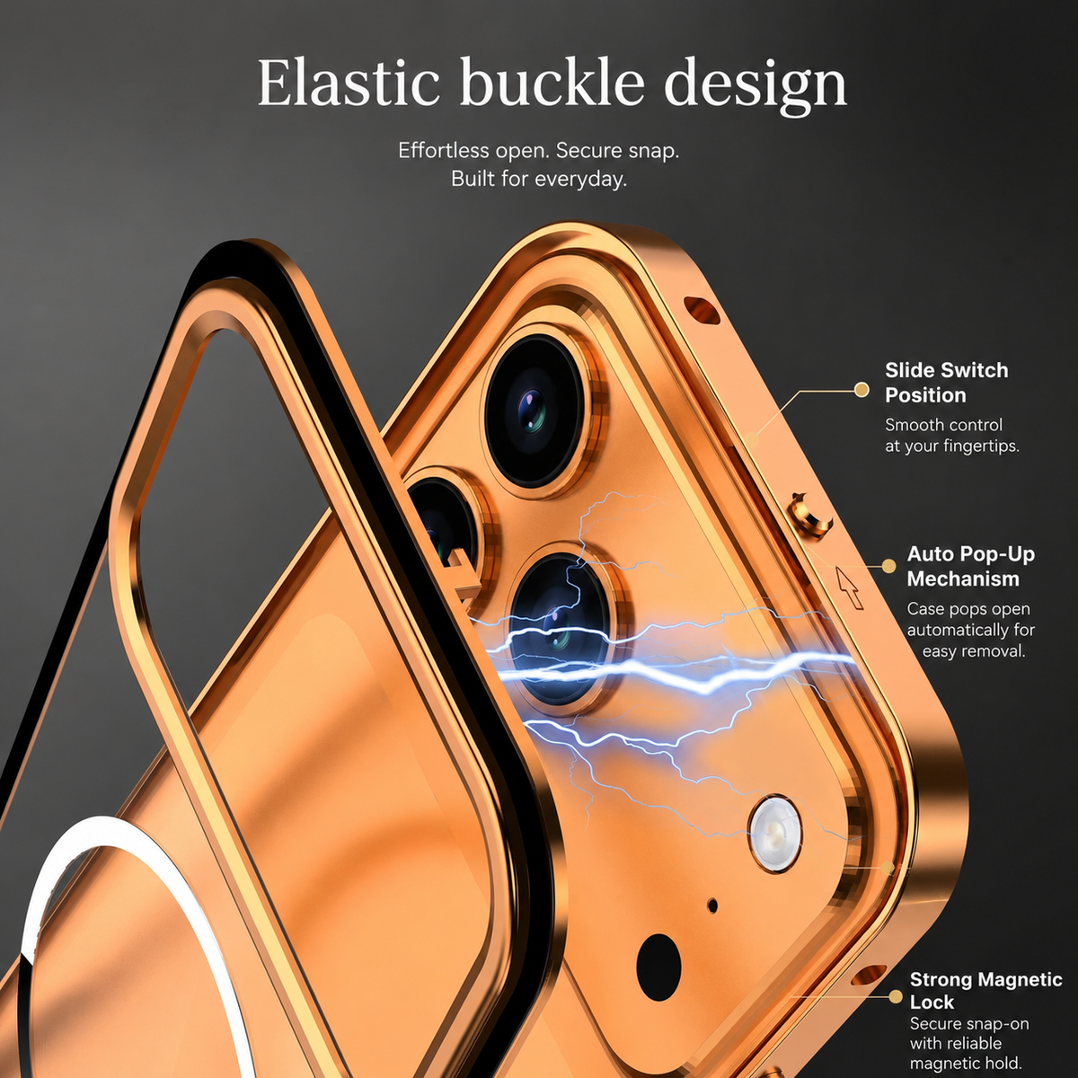 An orange back panel lifts beside its phone with blue attachment graphics between them. Labels identify a slide switch and an automatic pop-up mechanism.