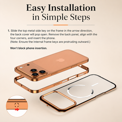 A three-part assembly diagram shows an orange phone, perimeter frame and translucent magnetic-ring panel. Instructions describe sliding the upper release key and aligning the phone with the frame.