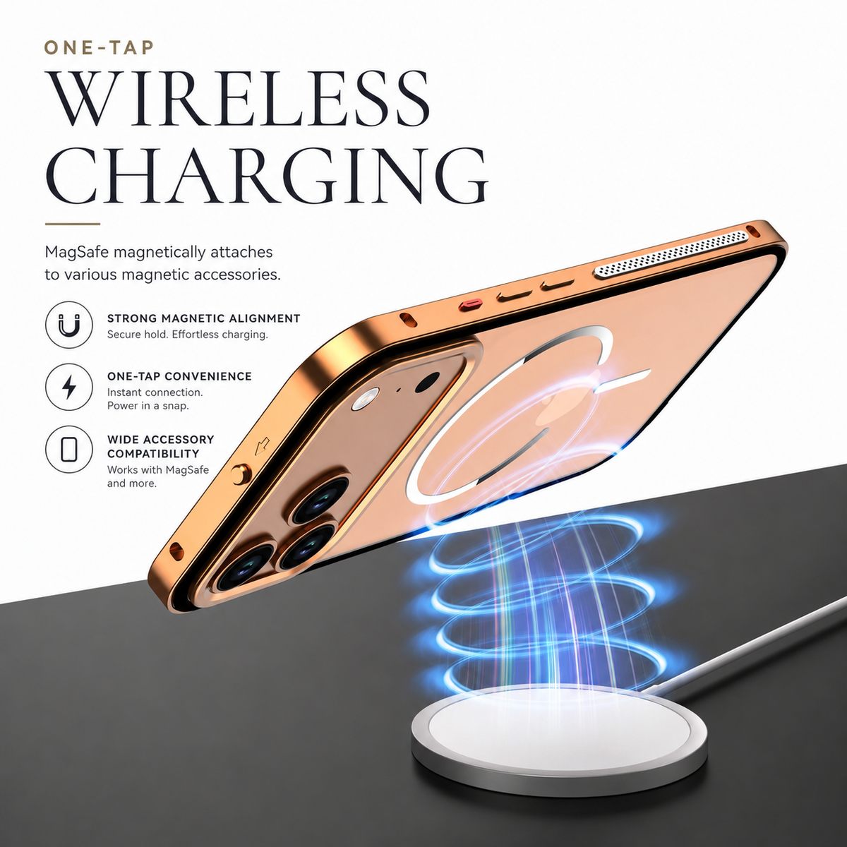 An orange-framed phone floats above a white charging puck, with glowing blue coils illustrating wireless charging. Text advertises magnetic accessory compatibility.