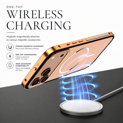 An orange-framed phone floats above a white charging puck, with glowing blue coils illustrating wireless charging. Text advertises magnetic accessory compatibility.