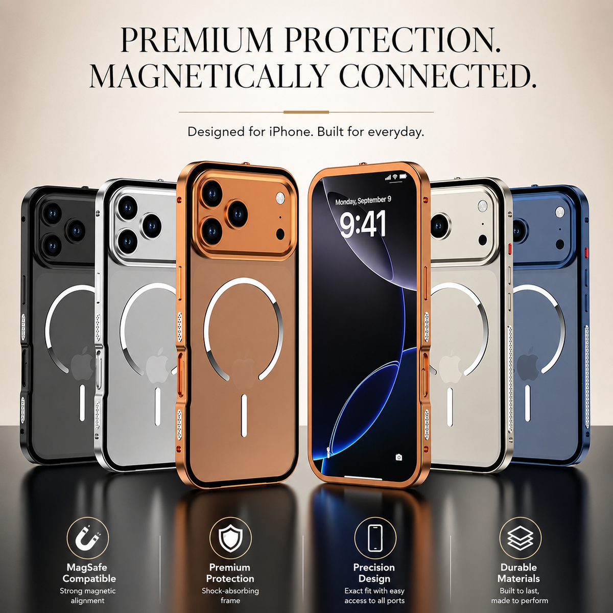 Black, gray, orange, cream and blue-framed phones stand in a row beside a front-facing phone. Their pale magnetic rings remain visible through the backs.