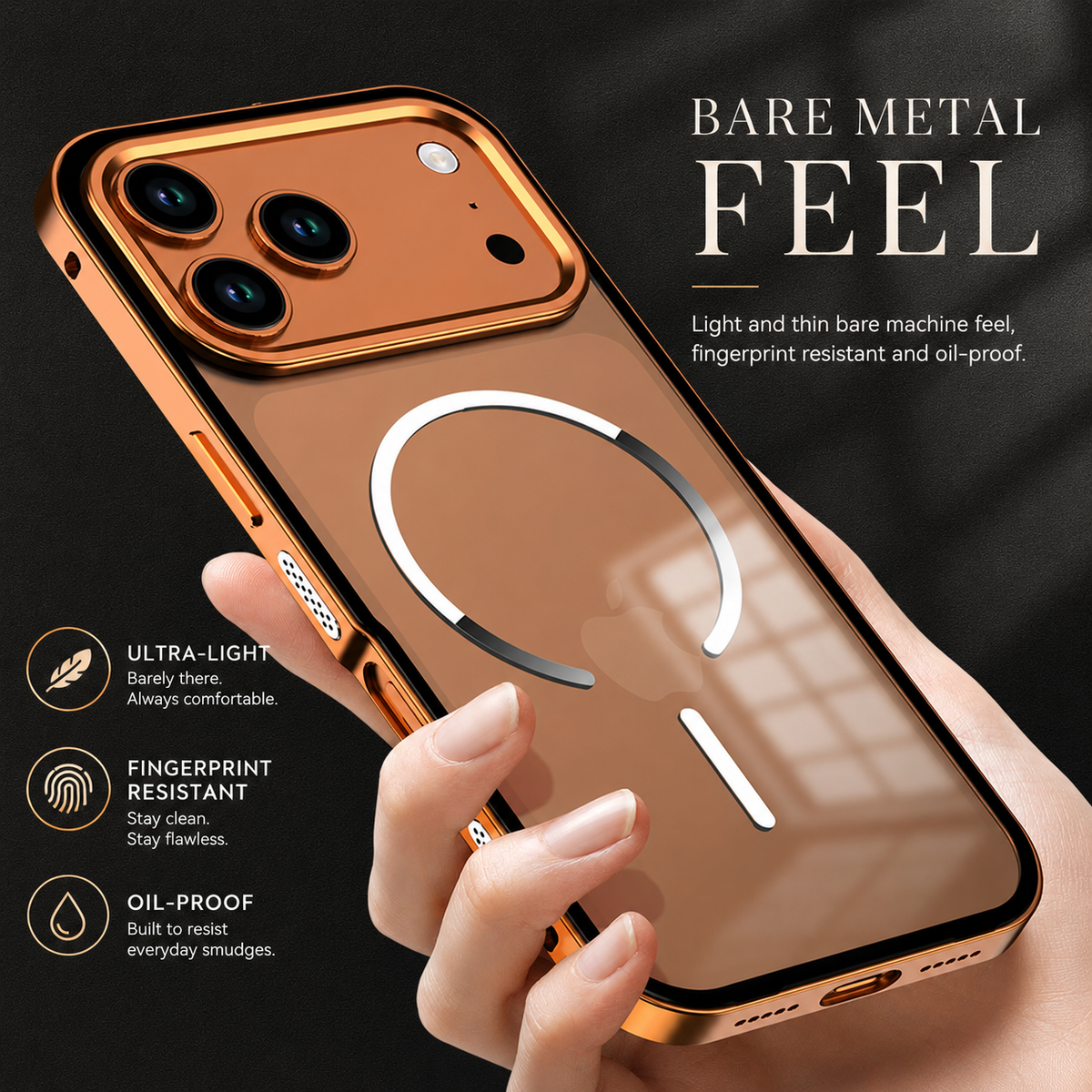 A hand holds an orange-framed phone at an angle, showing the Apple logo through its translucent magnetic-ring back. Text advertises lightness and resistance to fingerprints and oil.
