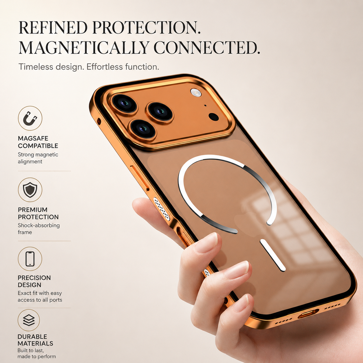 A hand holds an orange magnetic-ring phone against pale beige. Icons promote magnetic compatibility, protection, precise fitting and durable materials.