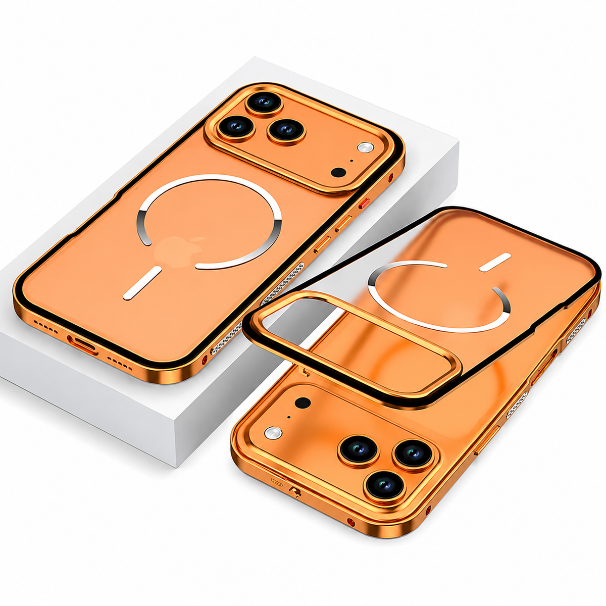 An orange magnetic-ring case lies on a white block beside a separate orange-edged translucent panel and phone, illustrating the detachable construction.