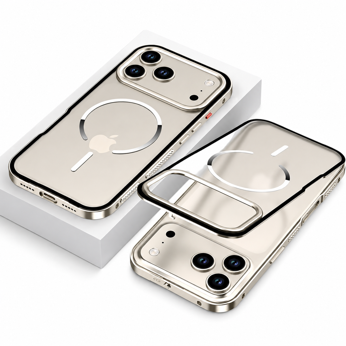 A pale cream magnetic-ring case rests on a white block beside its separate translucent back panel and phone. A shiny gold-colored border outlines the edges.