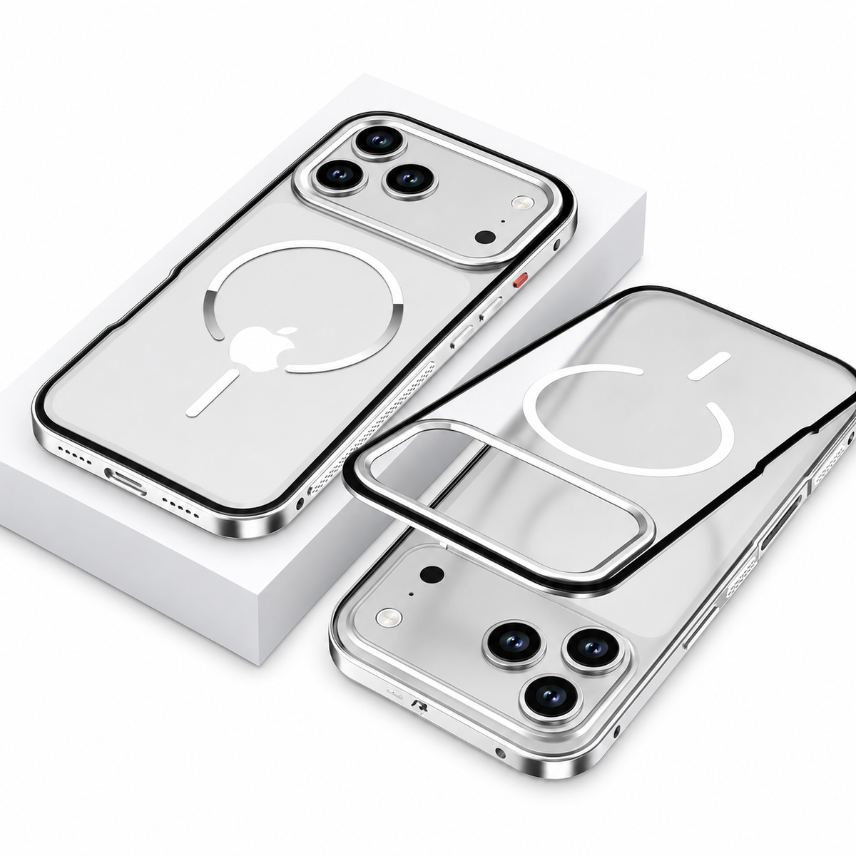 A silver-white magnetic-ring case rests on a white block beside a detached translucent back panel and phone, with polished silver edges around the camera opening.