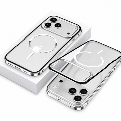 A silver-white magnetic-ring case rests on a white block beside a detached translucent back panel and phone, with polished silver edges around the camera opening.