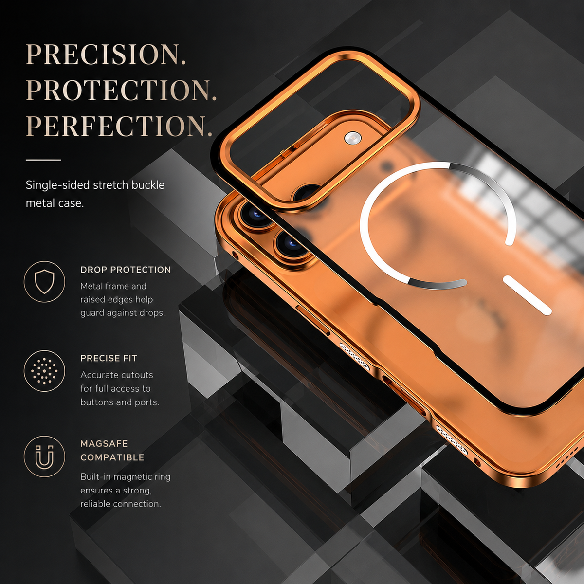 An orange-edged translucent back panel floats above an orange phone on dark geometric platforms. Text advertises a locking buckle, precise fit and magnetic compatibility.