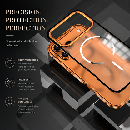 An orange-edged translucent back panel floats above an orange phone on dark geometric platforms. Text advertises a locking buckle, precise fit and magnetic compatibility.