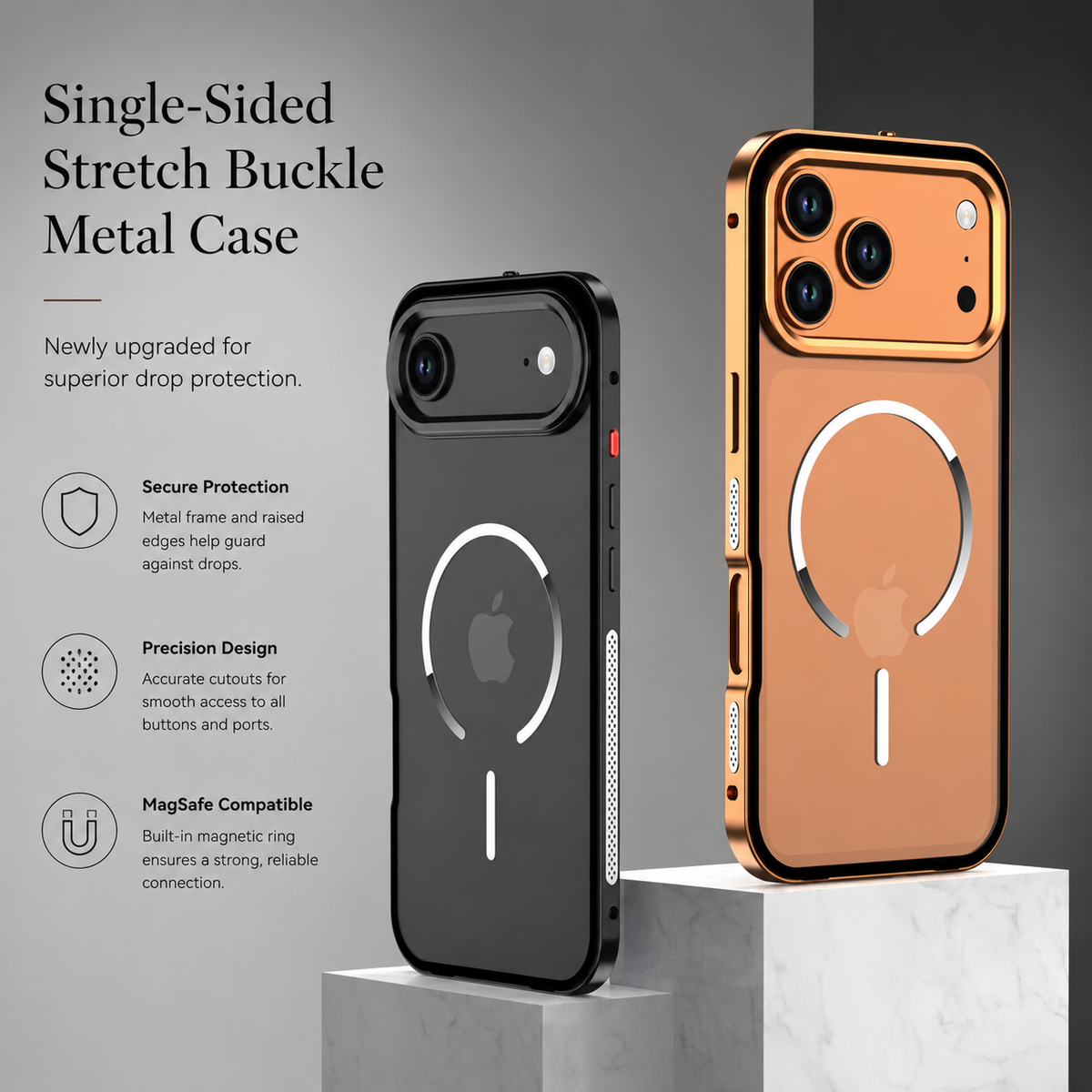 Black and orange-framed magnetic-ring phones stand on pale stone pedestals. Text highlights the buckle mechanism, raised edges and magnetic compatibility.