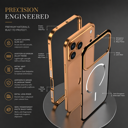 An exploded diagram separates an orange perimeter frame, phone and translucent magnetic-ring back. Labels point to the release switch, buttons, lens border and alloy frame.