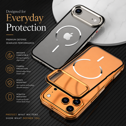 Gray and orange magnetic-ring cases lie on a dark ribbed surface beside pale marble. The orange back panel is lifted away from the phone.