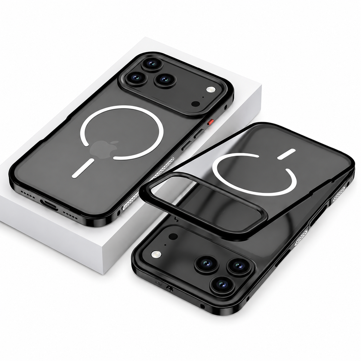 A dark gray magnetic-ring case rests on a white block beside its separate clear back panel and phone. Shiny black edging surrounds the camera opening and perimeter.