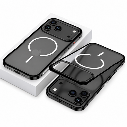 A dark gray magnetic-ring case rests on a white block beside its separate clear back panel and phone. Shiny black edging surrounds the camera opening and perimeter.