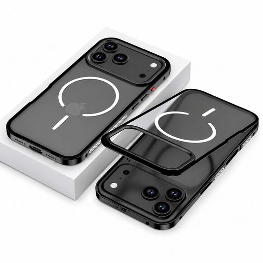 A dark gray magnetic-ring case rests on a white block beside its separate clear back panel and phone. Shiny black edging surrounds the camera opening and perimeter.