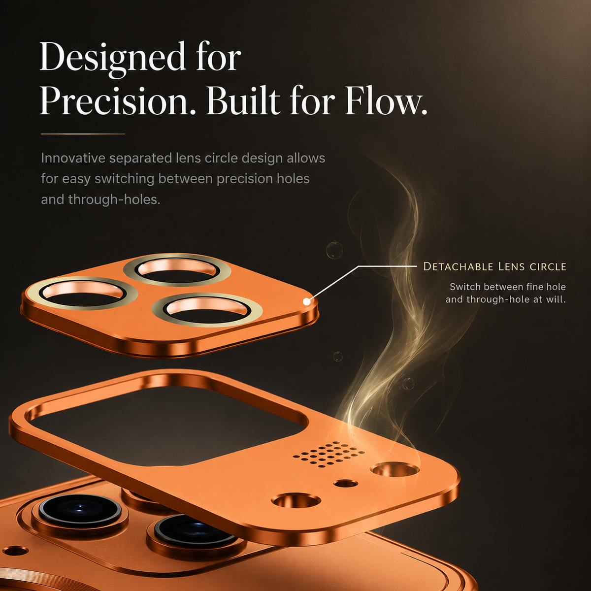 An exploded orange camera section separates the lens surround and outer panel above the phone, with fragrance-like wisps beside it.