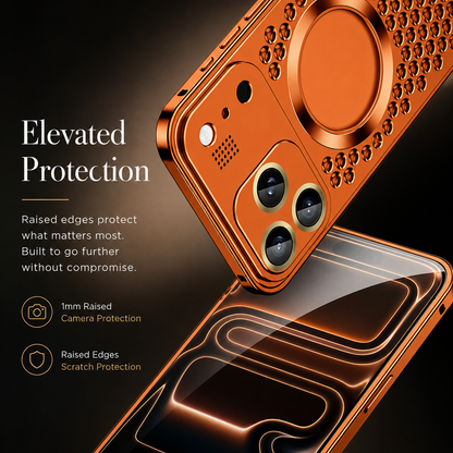 An orange case floats above a phone with glowing edge outlines beneath Elevated Protection.