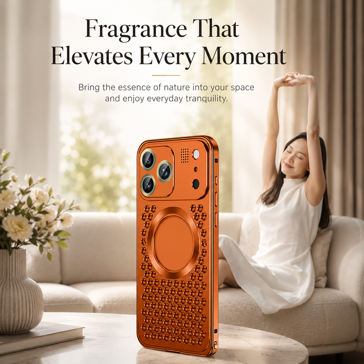 An enlarged orange case stands in front of a woman stretching on a light sofa. Text describes fragrance for everyday moments.