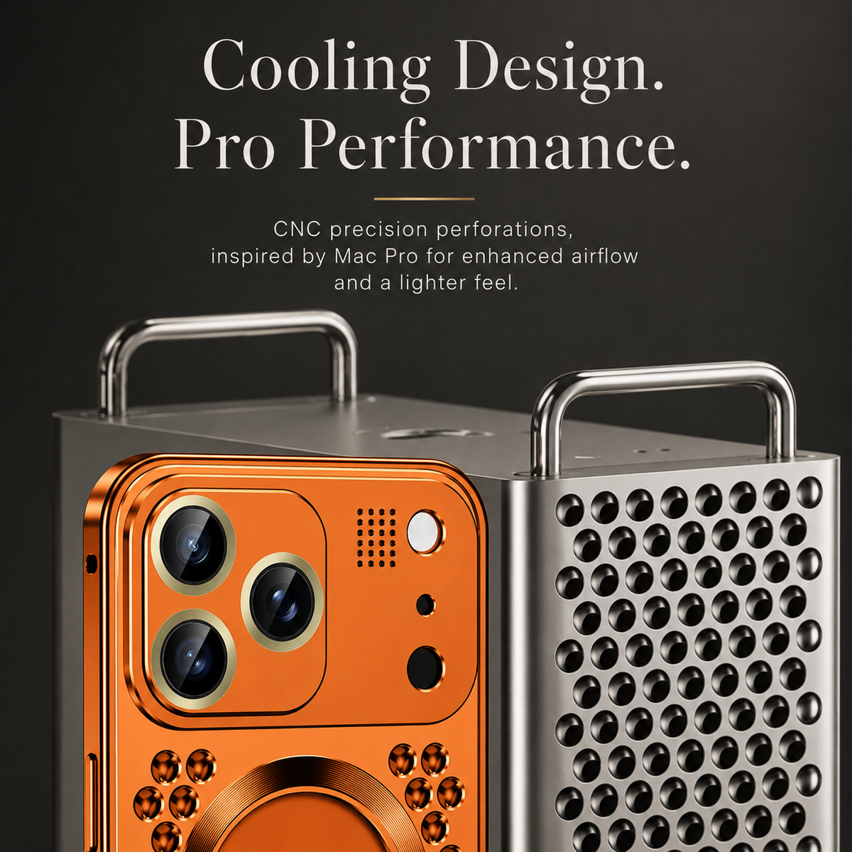 An orange case stands beside the perforated rear of a silver case, with large ventilation holes enlarged under Cooling Design.