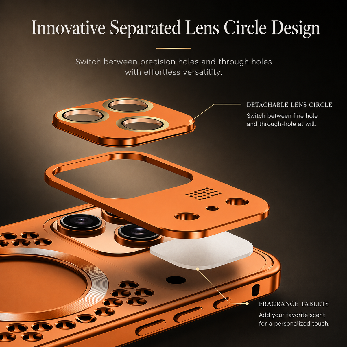 An exploded orange camera section shows a detachable lens surround, cover panel and small white fragrance tablets.