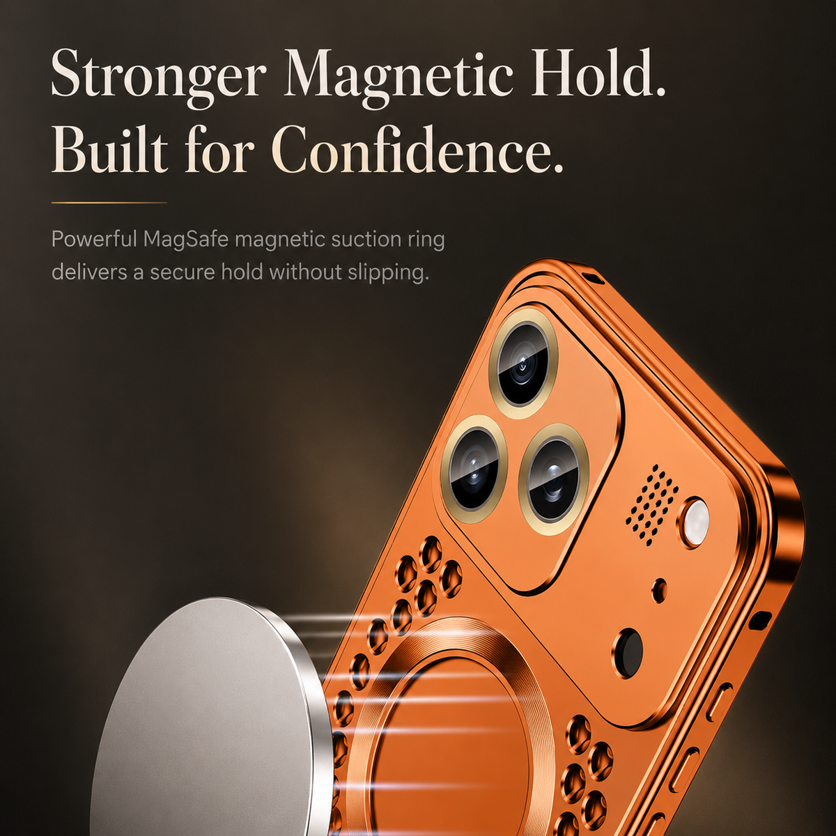 A white charging puck approaches the circular magnetic area of an orange perforated case beneath Stronger Magnetic Hold.