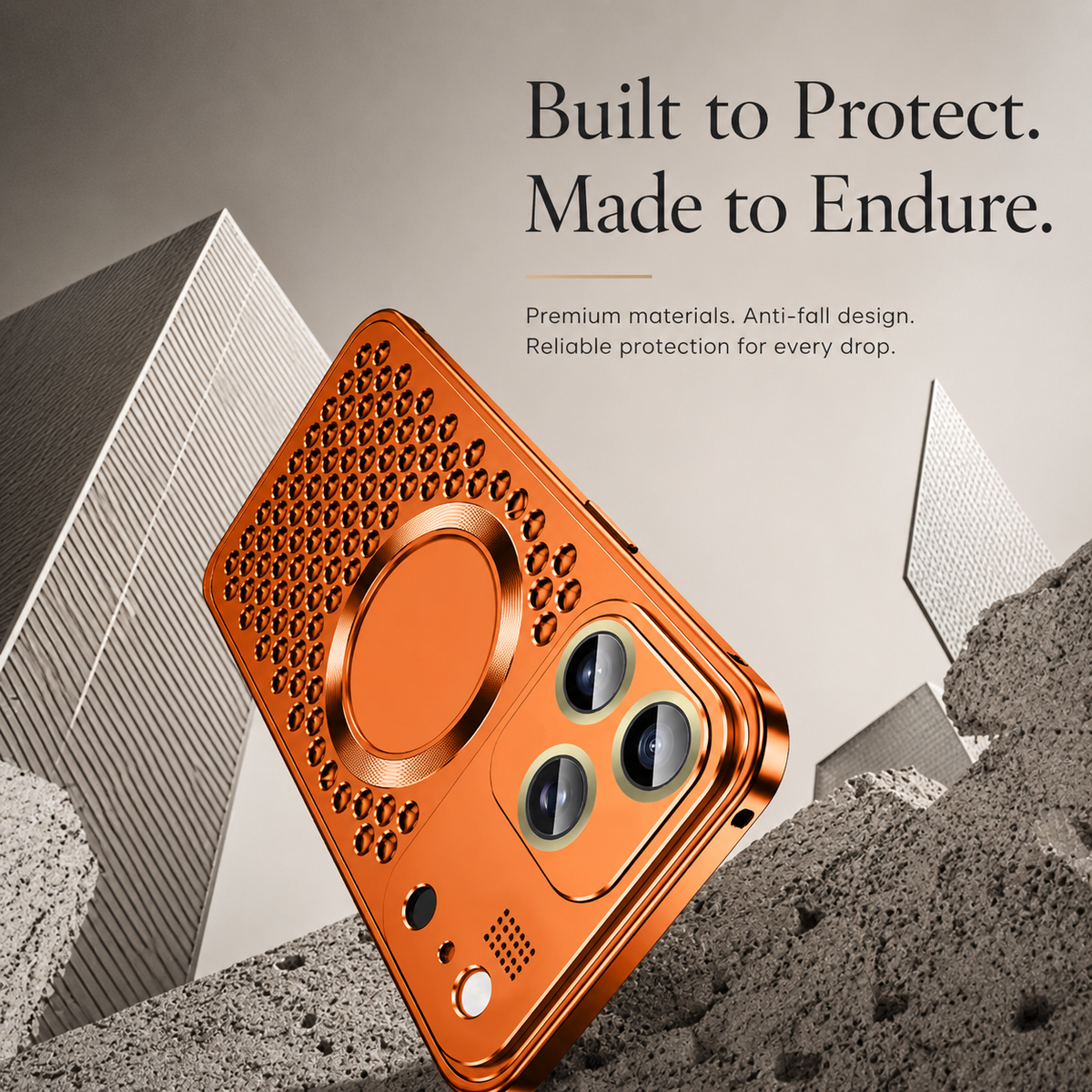 An orange perforated case is illustrated resting at an angle amid pale blocks and rough stone beneath Built to Protect.