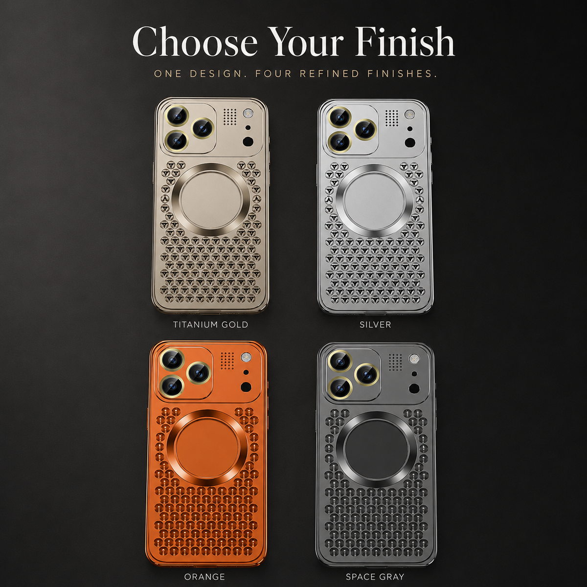 Four rear views in pale gold, silver, orange and dark gray appear in a grid beneath Choose Your Finish.