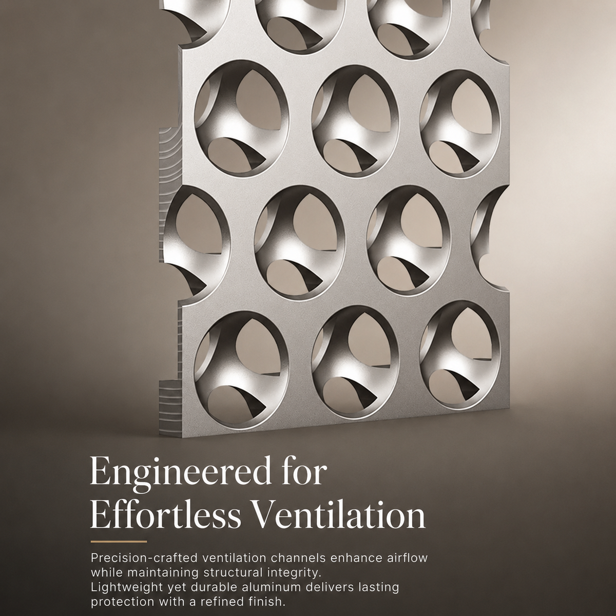 An enlarged metallic-looking sheet with circular sculpted ventilation holes floats against pale beige beneath Engineered for Effortless Ventilation.