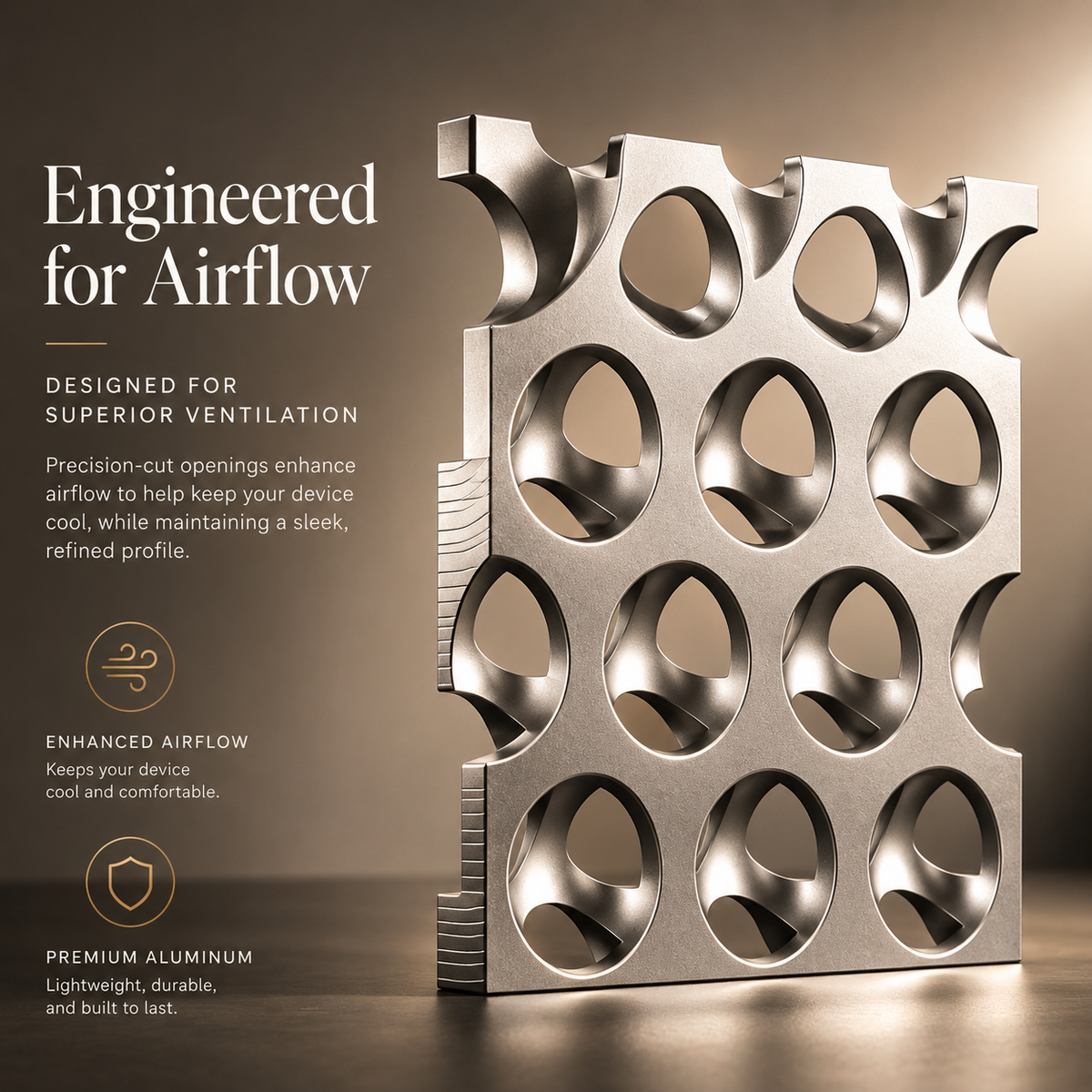 A close view of a metallic-looking sheet shows rows of circular ventilation holes with curved inner surfaces beneath Engineered for Airflow.