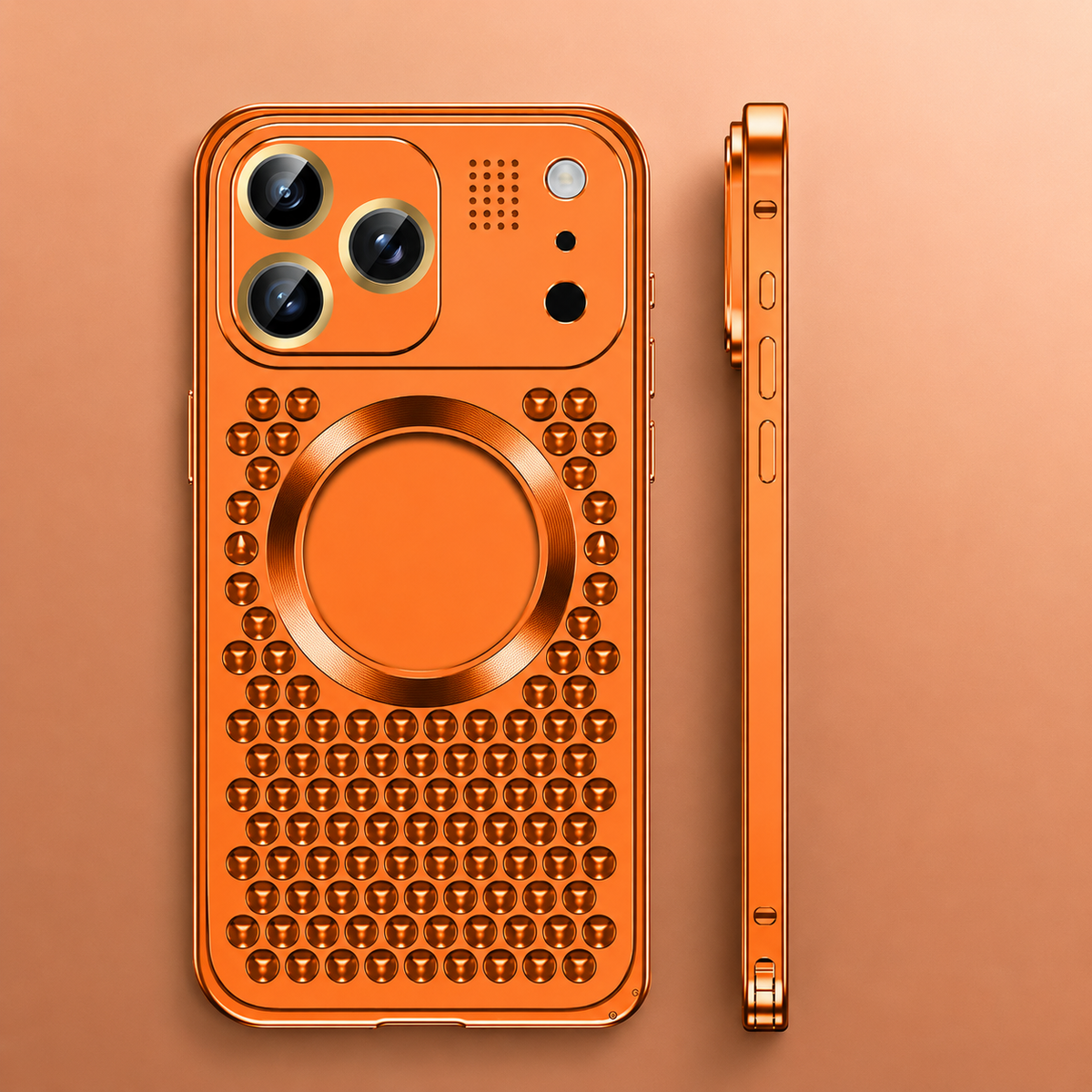 Rear and side views of an orange perforated case appear against orange, showing its circular center feature and thin metallic-looking edge.