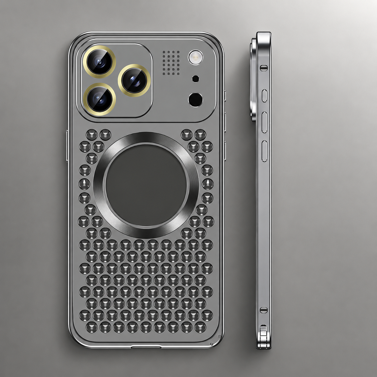 Rear and side views of a dark gray perforated case appear against gray, with a central circular feature and raised camera panel.