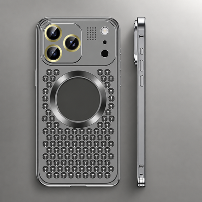 Rear and side views of a dark gray perforated case appear against gray, with a central circular feature and raised camera panel.