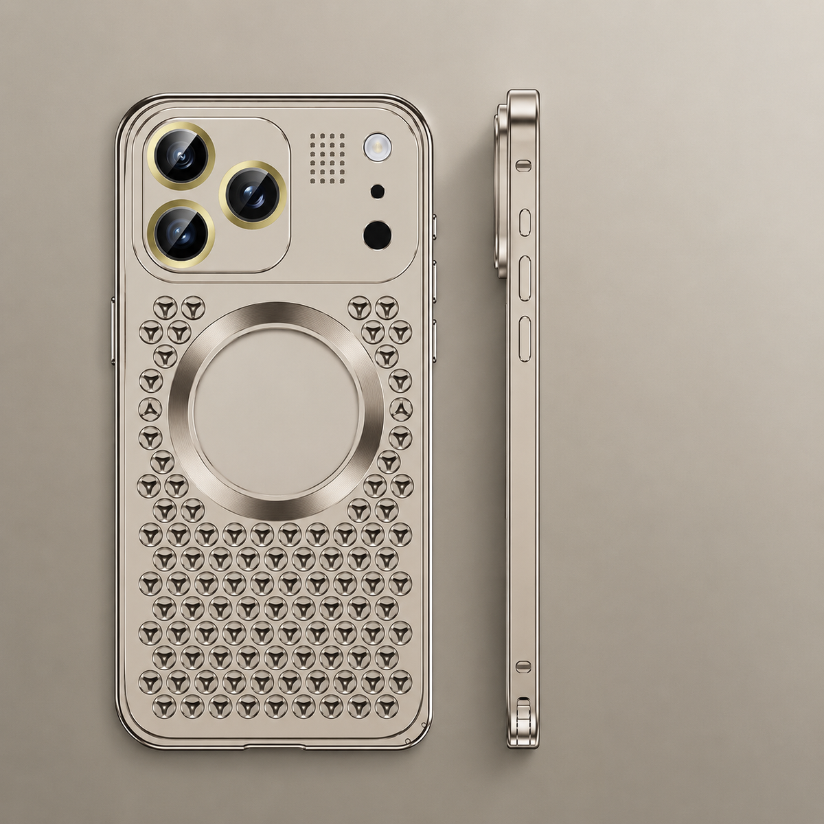 Rear and side views of a pale gold perforated case appear against beige, showing triangular ventilation holes and a matching center feature.