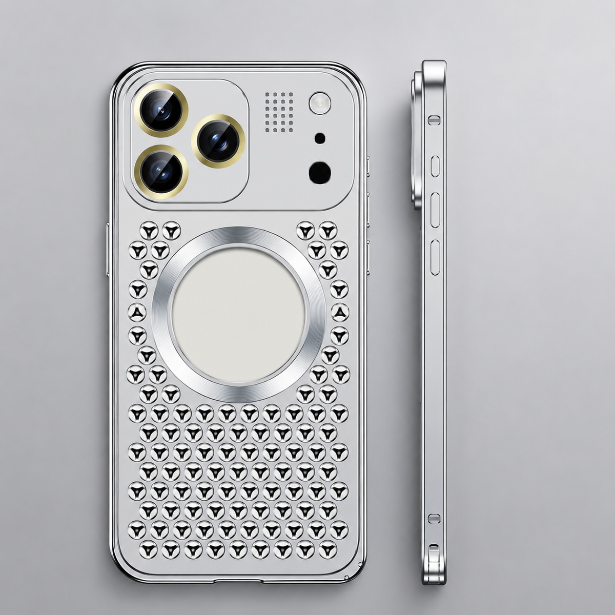 Rear and side views of a silver perforated case appear against pale gray, with a matching circular center feature.