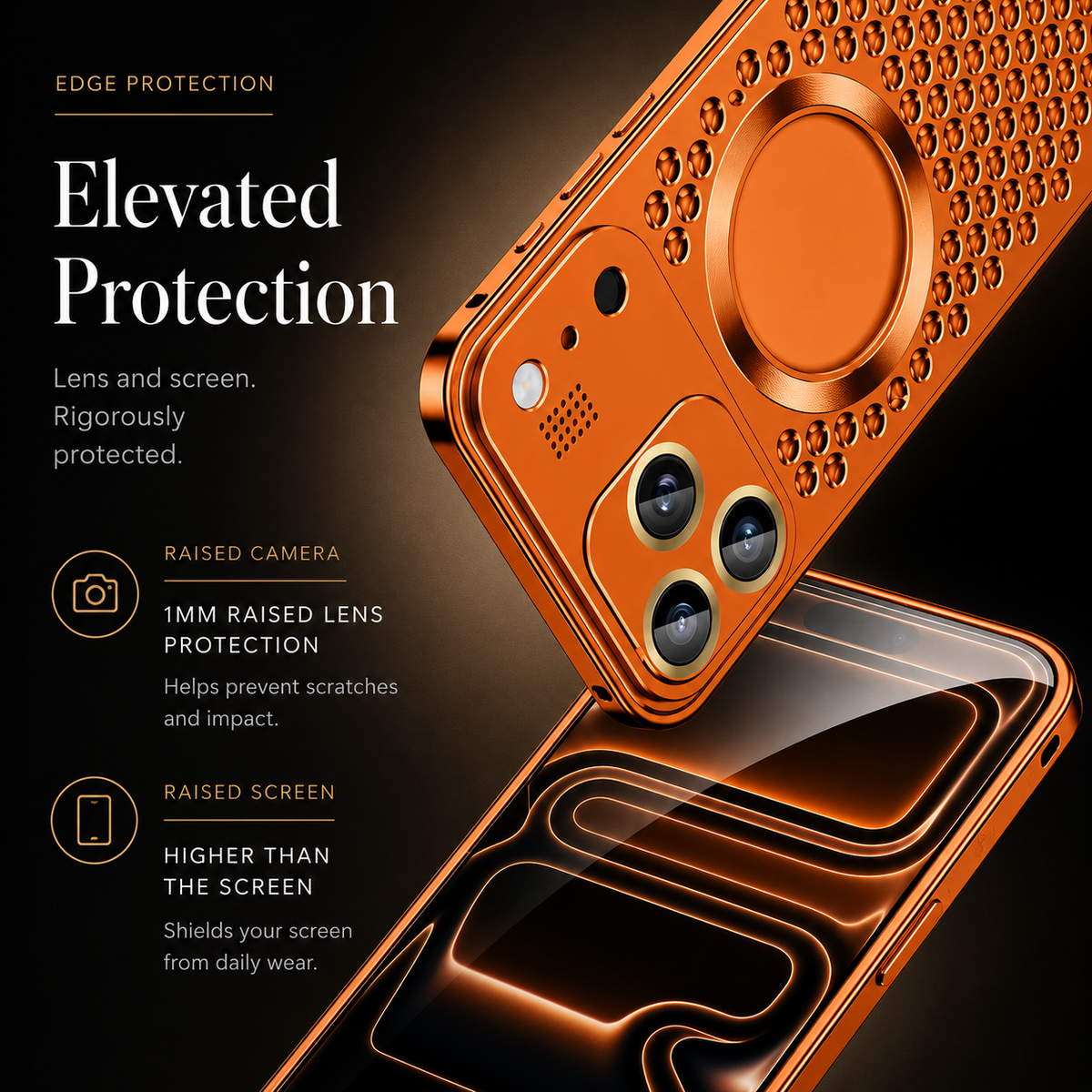 An orange case floats above a phone, with glowing edge outlines illustrating protection. Text advertises a 1 mm raised camera border.