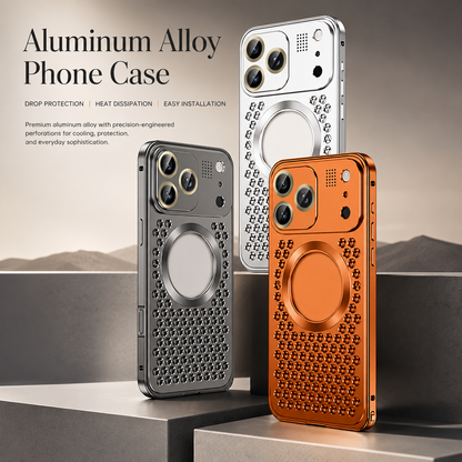 Gray, silver and orange perforated cases stand on pale stepped platforms beneath Aluminum Alloy Phone Case.