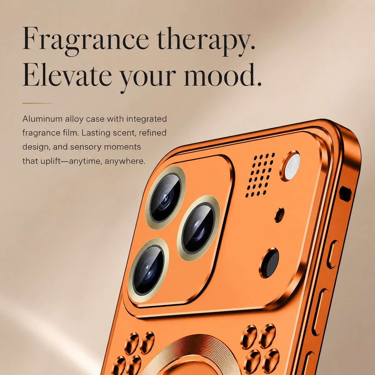 A close view of an orange case's camera section shows three lenses and a small grid of holes. Text advertises an integrated fragrance film.
