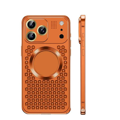 Rear and side views show an orange metal-looking case with rows of circular ventilation holes and a large circular magnetic feature below its camera panel.