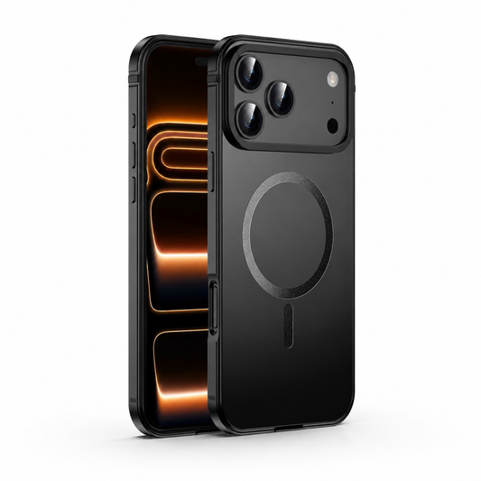 Front and rear views of a matte black case stand on white. A circular magnetic marking and short alignment bar sit below a wide raised camera panel.