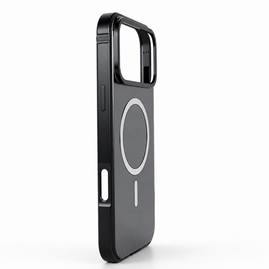 An empty dark gray case stands on white with polished black sides, a pale circular magnetic ring and short bar, and a raised rectangular camera opening.