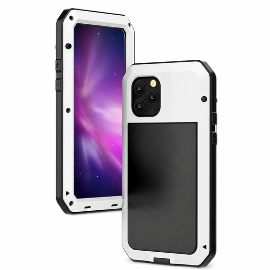 Silver-colored armored phone case with black edges shown from the front and back. Visible screws secure the frame around a large black rear inset and camera opening.