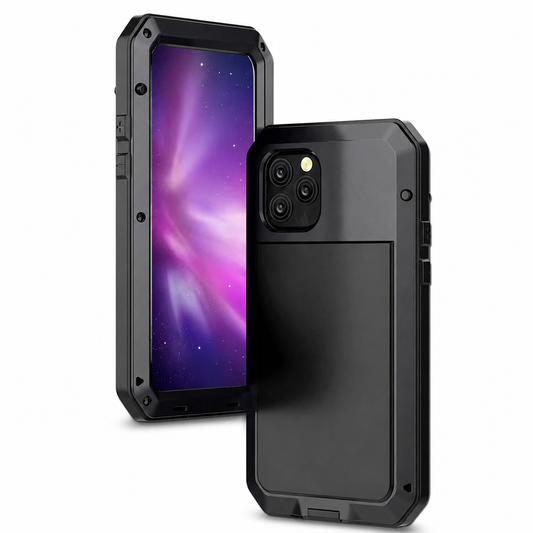 Black screw-fastened armored phone case shown from the front and back. The back has a large plain black inset, angular corners, and an exposed three-camera opening.