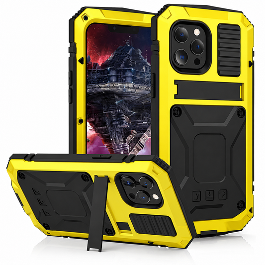 Front, rear and horizontal views show a bright yellow-and-black rugged case with exposed screw details and a narrow rear kickstand extended beneath the horizontal phone.