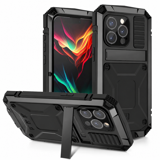 Front, rear and horizontal views show a rugged black case with thick angular corners, screw details and a rectangular rear panel. The horizontal phone is supported by an extended narrow kickstand.