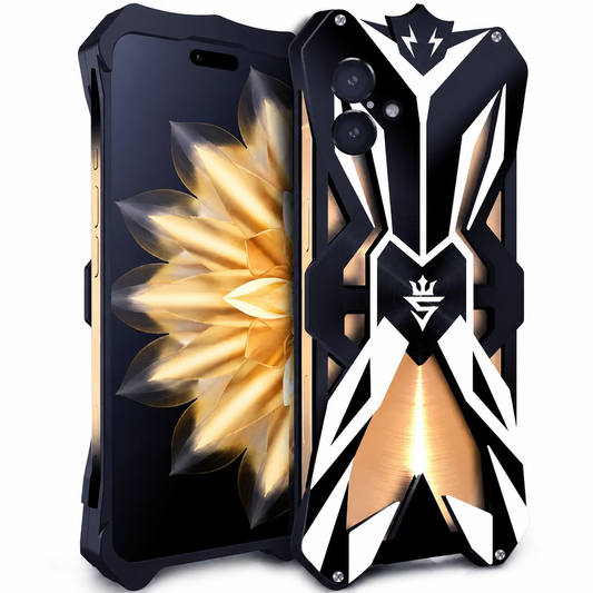 Front and rear views show a black-and-silver angular open-frame case on a gold-colored phone. Sharp geometric arms cross the exposed back around a central shield emblem, with screws at the corners.