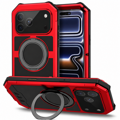 Front and rear views of a rugged red-and-black case stand beside a horizontal case propped on its circular ring, showing thick angular corners and screw heads.