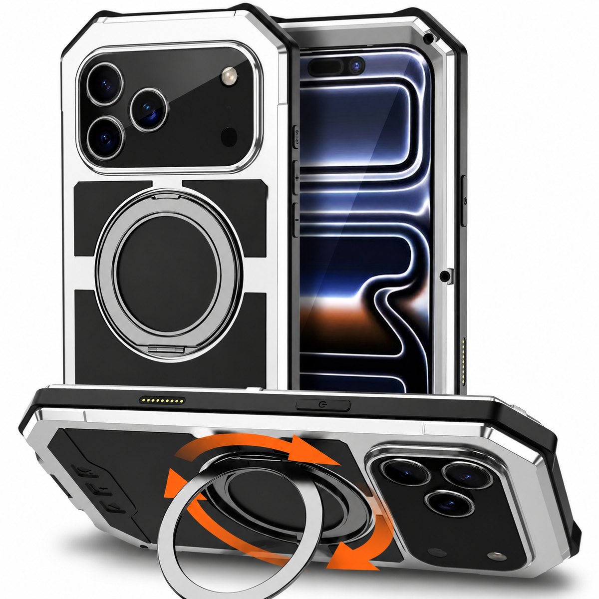 Premium iPhone Case MagSafe Compatible Aluminum Armor Cover Built-In Kickstand Glass Screen Protector Full Coverage Shockproof Protection