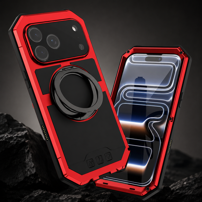 Front and rear views of a red rugged case lean against rough dark rocks. Its circular ring is folded flat, and a clear protective front panel covers the screen.
